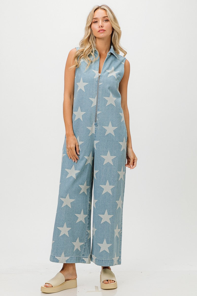 Star Print Denim Zip up Overall Jumpsuit