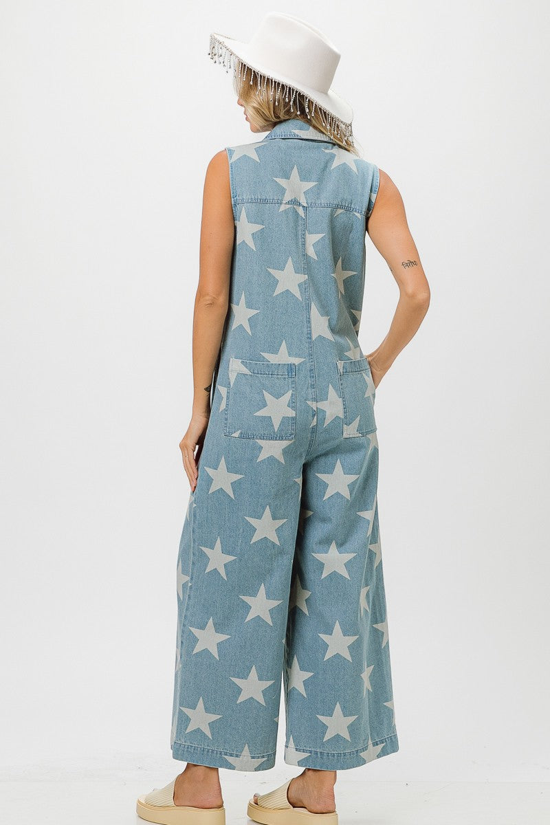 Star Print Denim Zip up Overall Jumpsuit