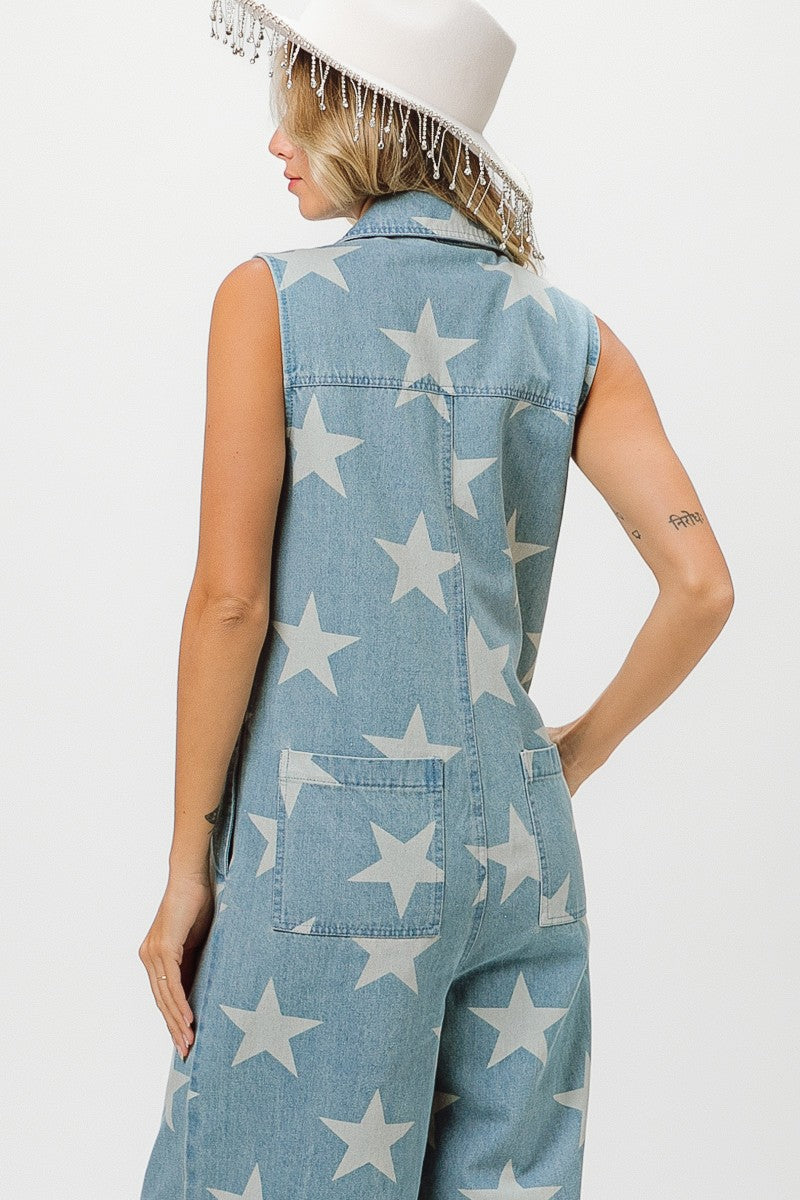 Star Print Denim Zip up Overall Jumpsuit