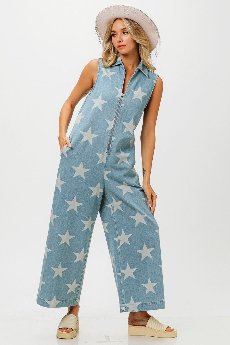 Star Print Denim Zip up Overall Jumpsuit