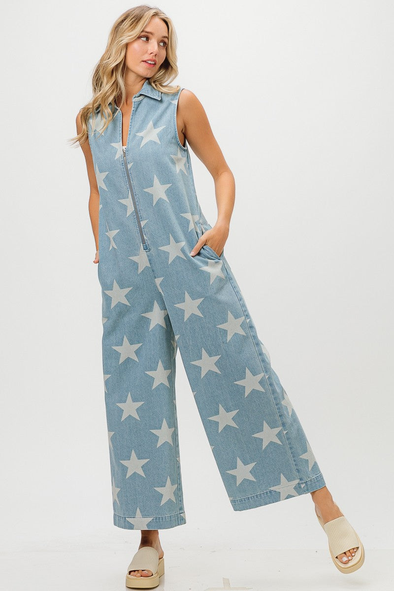 Star Print Denim Zip up Overall Jumpsuit