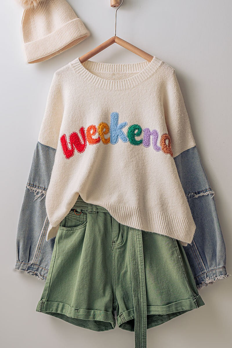 Weekenders Denim Sleeve Knit Sweater