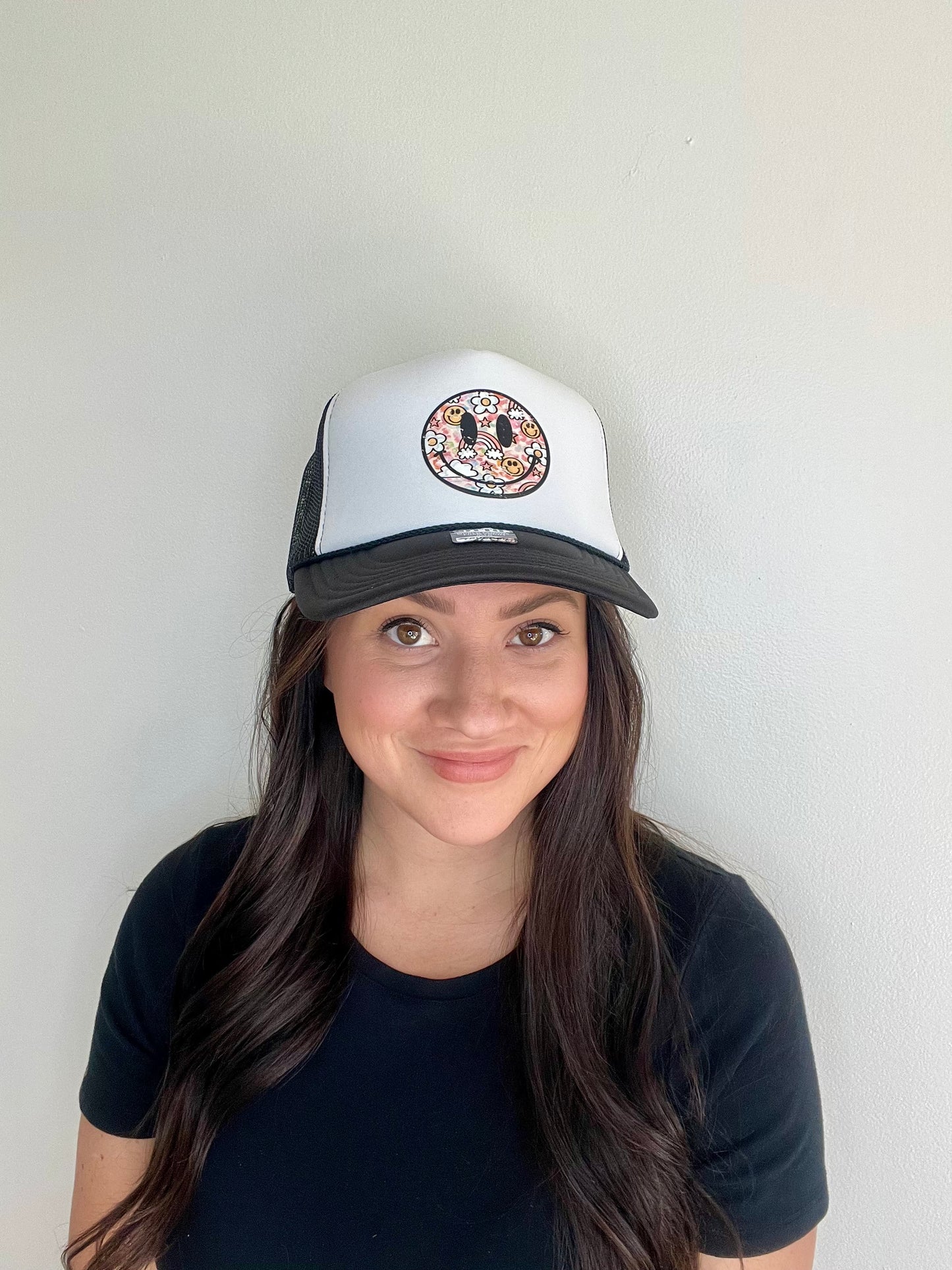 Black and White Smiley Face Trucker Hat