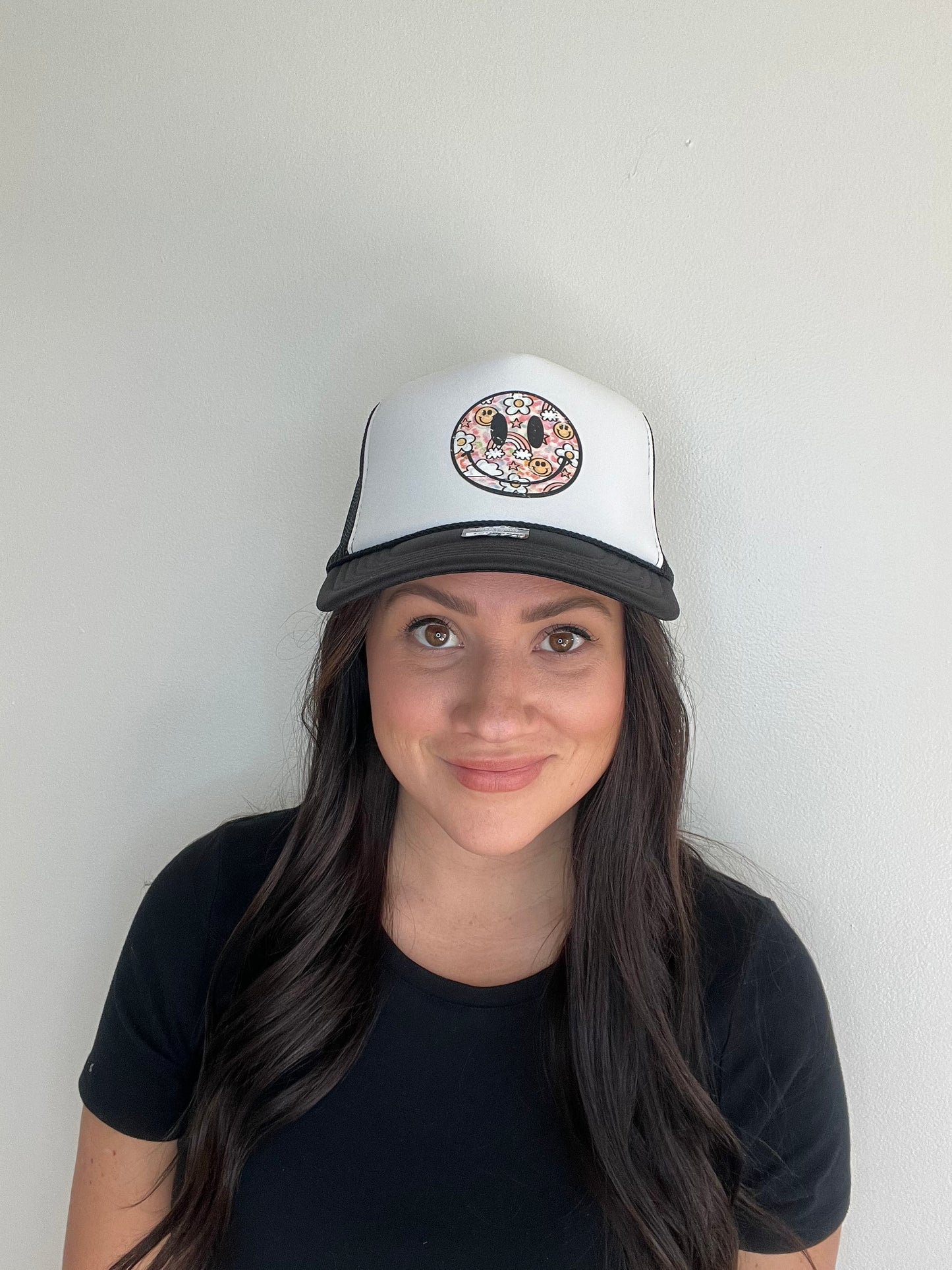 Black and White Smiley Face Trucker Hat