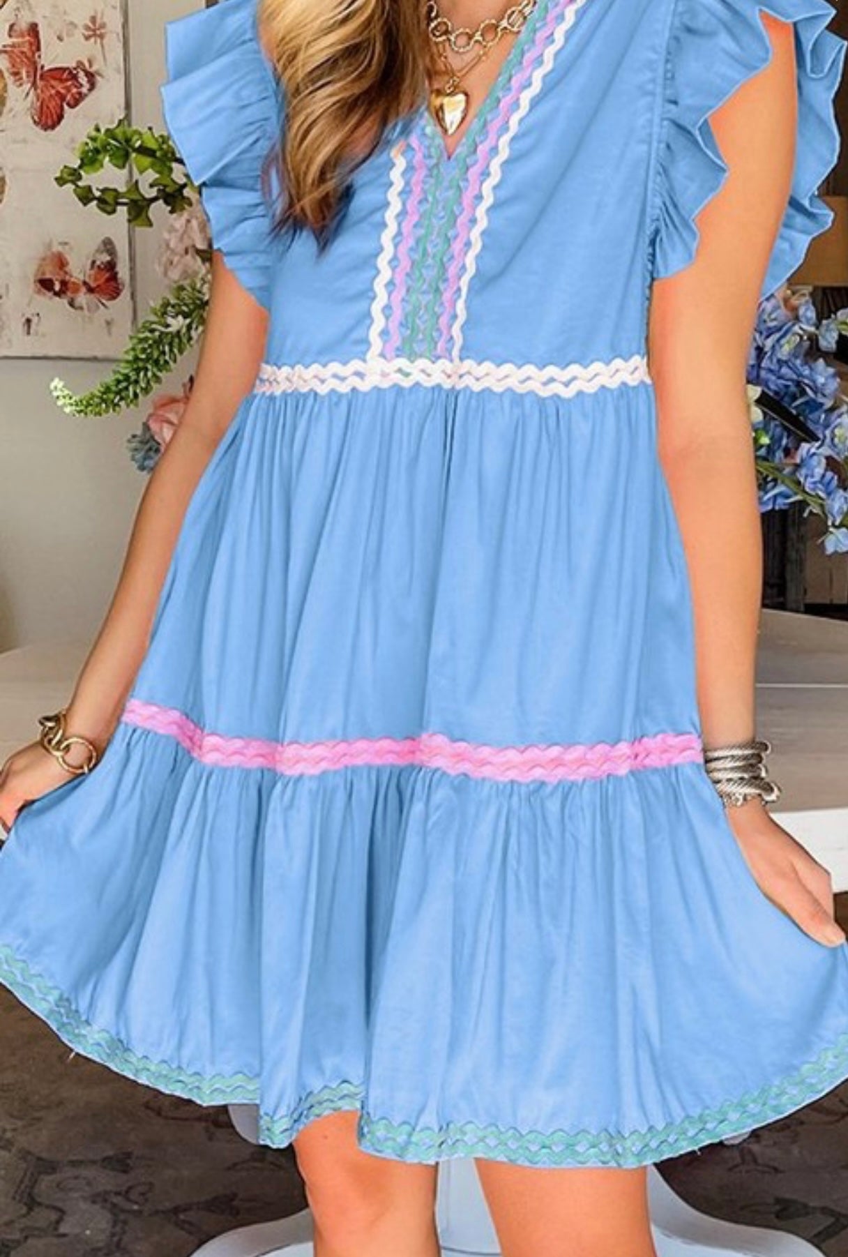 Ric Rac Flutter V Neck Babydoll Dress