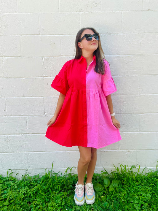 Color Blocked Button Down Dress