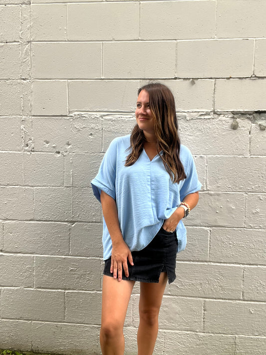 Oversized V-Neck Folded Short Sleeve Top