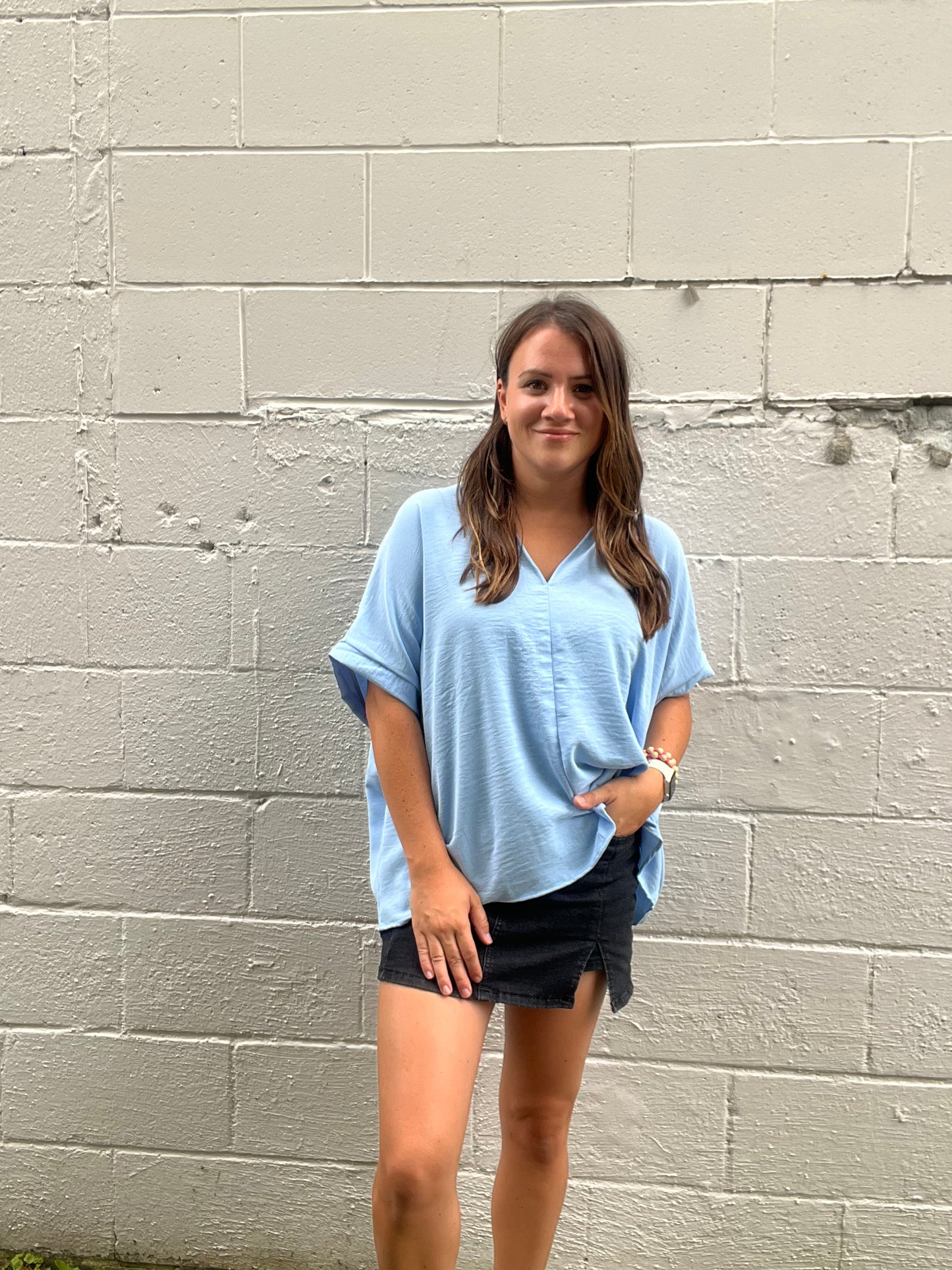 Oversized V-Neck Folded Short Sleeve Top