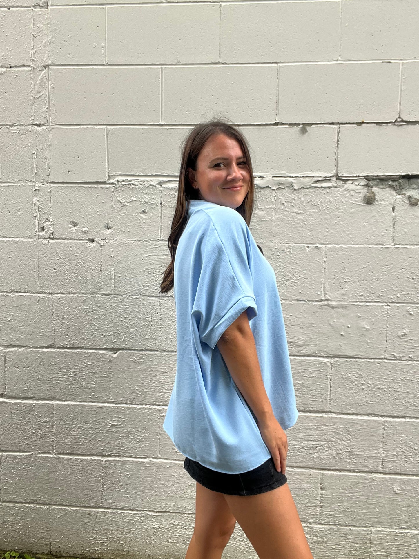 Oversized V-Neck Folded Short Sleeve Top