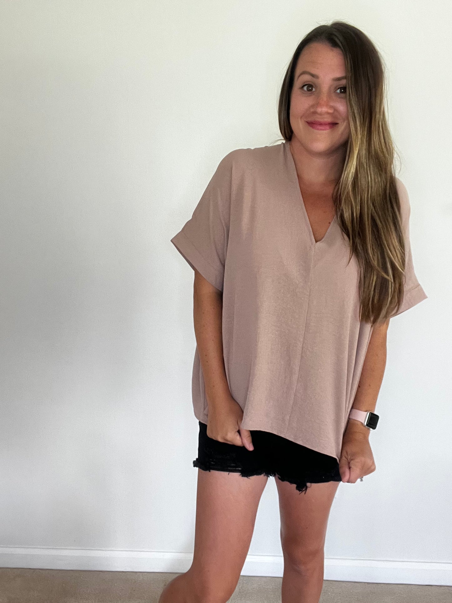 Oversized V-Neck Folded Short Sleeve Top