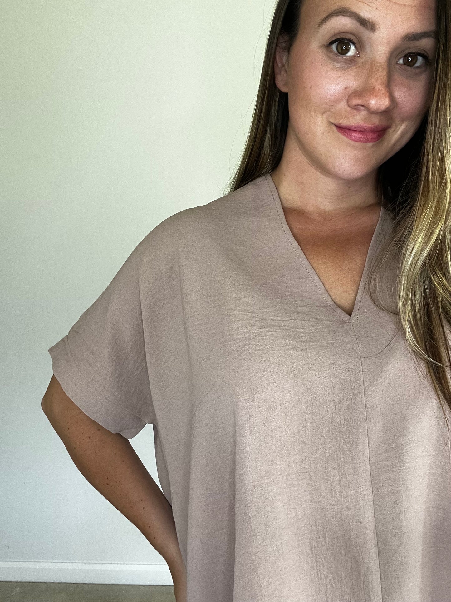 Oversized V-Neck Folded Short Sleeve Top