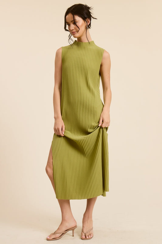 Sleeveless Pleated Midi Dress with Side Slit